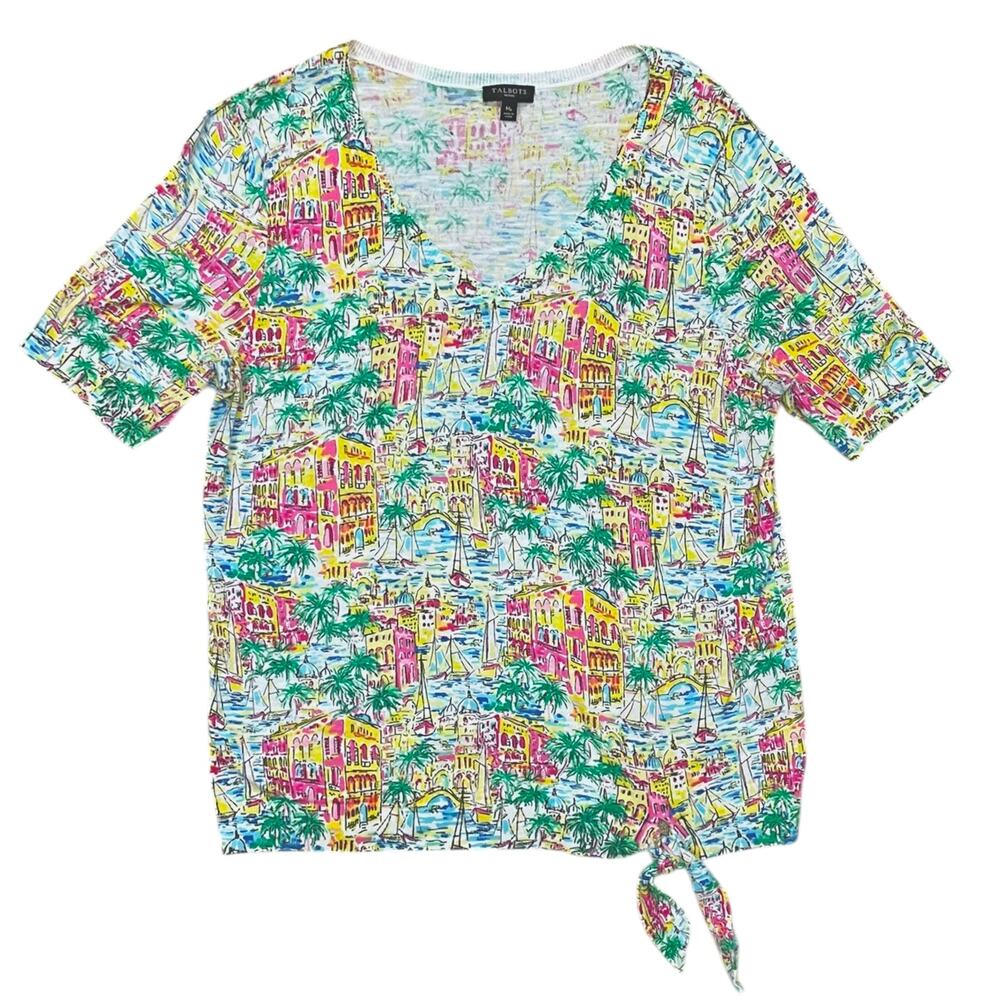 Talbots M Petite Santorini Greece Print Colorful Tie Top Coastal Resort Cotton